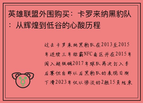 英雄联盟外围购买：卡罗来纳黑豹队：从辉煌到低谷的心酸历程